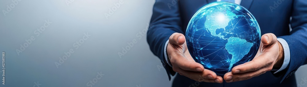 Businessman hold global business globe with network connected to digital marketing strategy and creative solution Business development technology to support creativity idea Businessman hold global business globe with network connected to digital marketing strategy and creative solution Business development technology to support creativity idea