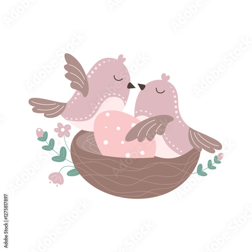 Two birds sit in a nest, waiting for their chick to hatch