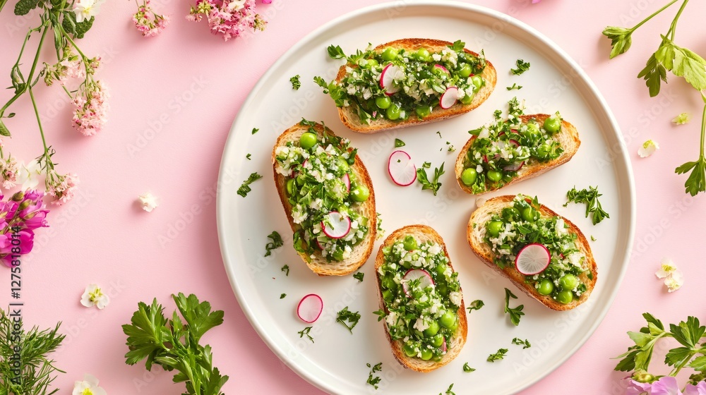 Spring pea and radish crostini on a white porcelain plate, surrounded by fresh herbs and flowers, floating on a soft pastel pink background Spring pea and radish crostini on a white porcelain plate, surrounded by fresh herbs and flowers, floating on a soft pastel pink background
