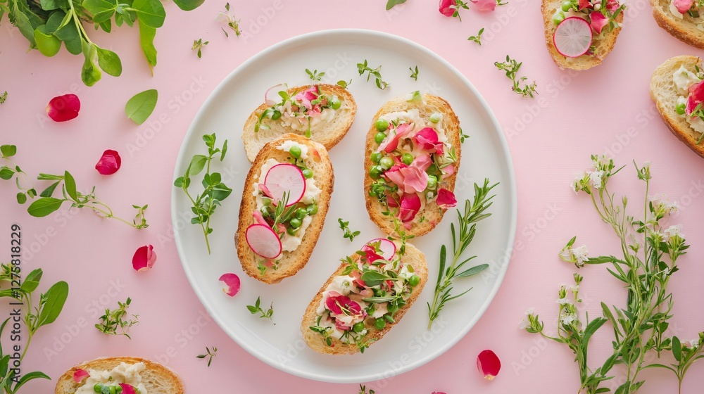 Spring pea and radish crostini on a white porcelain plate, surrounded by fresh herbs and flowers, floating on a soft pastel pink background Spring pea and radish crostini on a white porcelain plate, surrounded by fresh herbs and flowers, floating on a soft pastel pink background