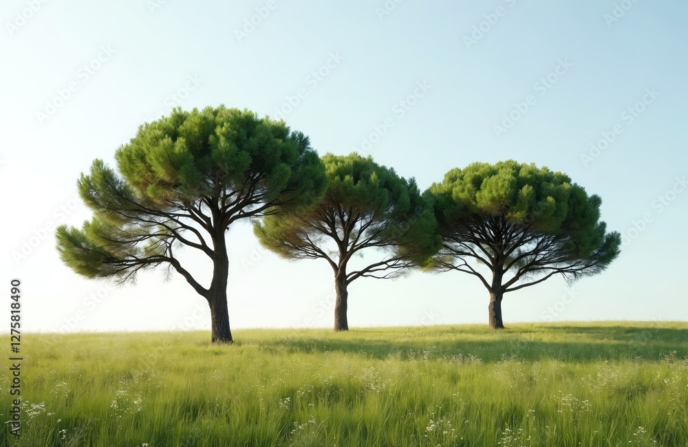 Obraz premium Three pine trees stand in Tuscan landscape. Green conifers on a meadow in Tuscany Italy during summer. Flora and botany in idyllic scenery at daytime.