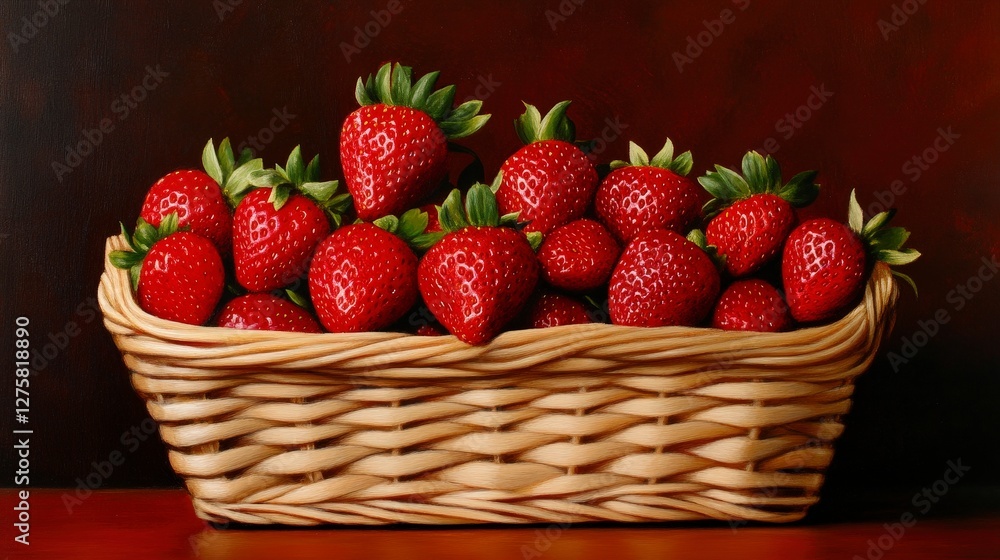 Fresh Strawberries in a Woven Basket with Dark Background for Food Photography Fresh Strawberries in a Woven Basket with Dark Background for Food Photography
