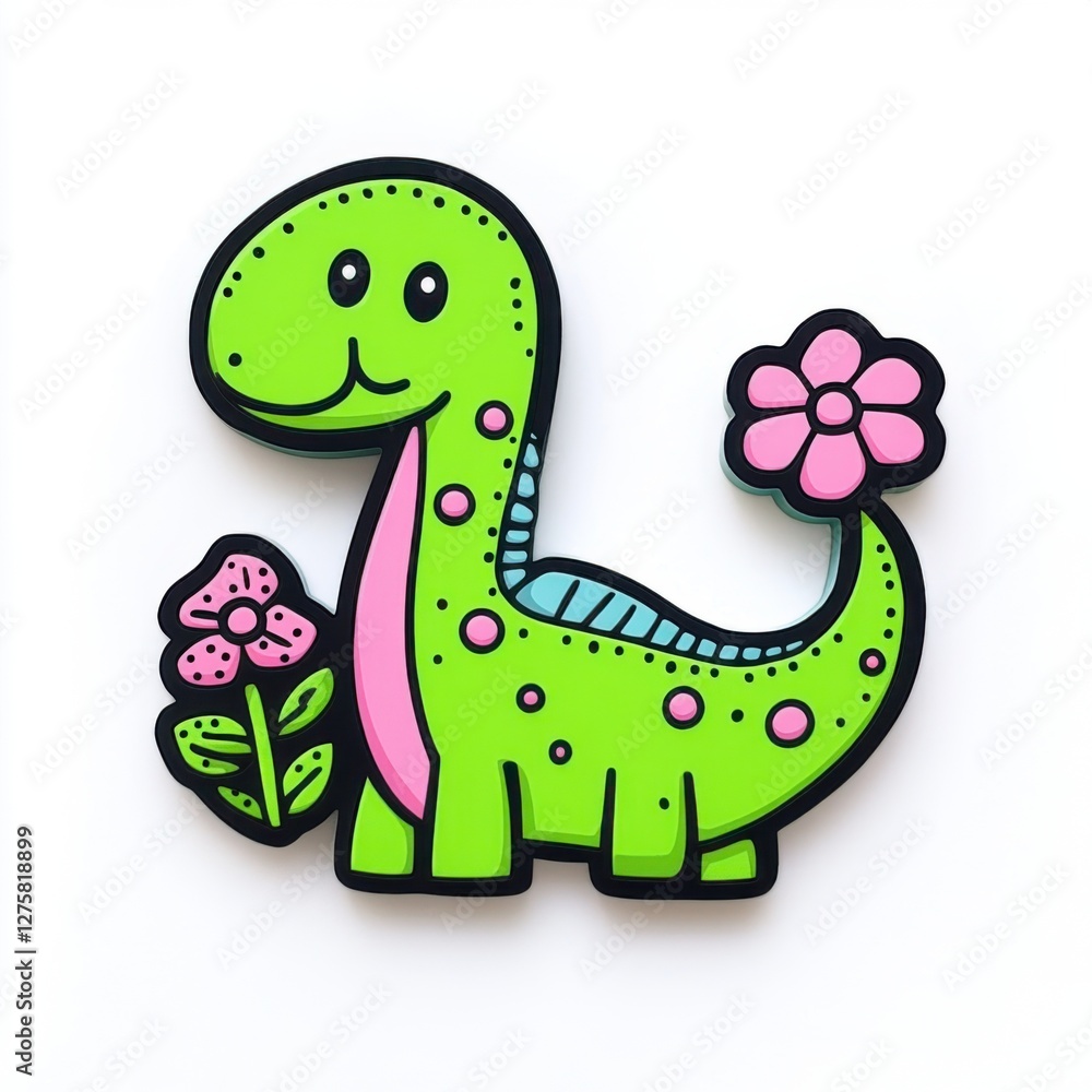Naklejka premium Colorful Cartoon Dinosaur with Flowers, Fun and Playful Design for Kids' Rooms or Educational Materials