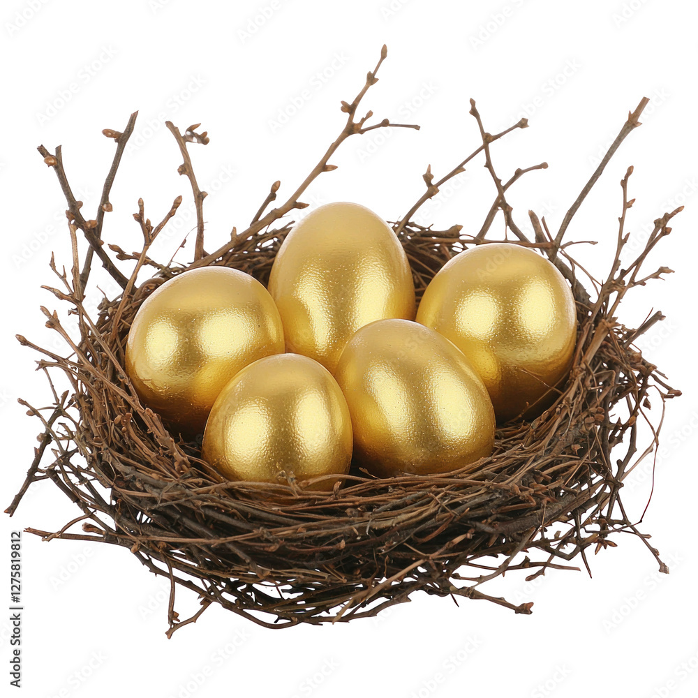 Fototapeta premium Golden eggs nestled in a twigs nest, symbolic wealth isolated on png transparent background, cut out