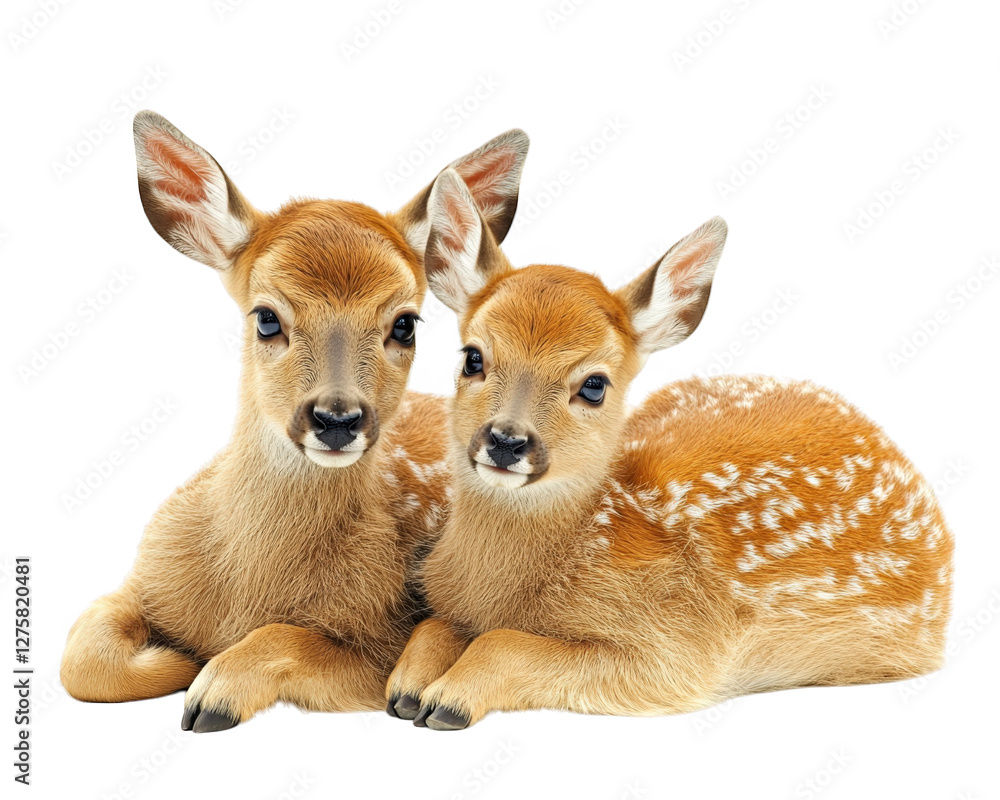 Fototapeta premium Two adorable fawns resting together, showcasing their soft fur and distinctive spots. Their innocent expressions evoke sense of tranquility and nature beauty