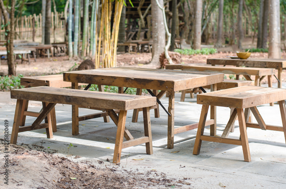 Wooden tables and benches in an outdoor setting Wooden tables and benches in an outdoor setting