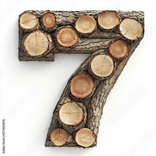 Number 7 made of cut tree trunks and scattered branches with visible growth rings isolated on a clean white background