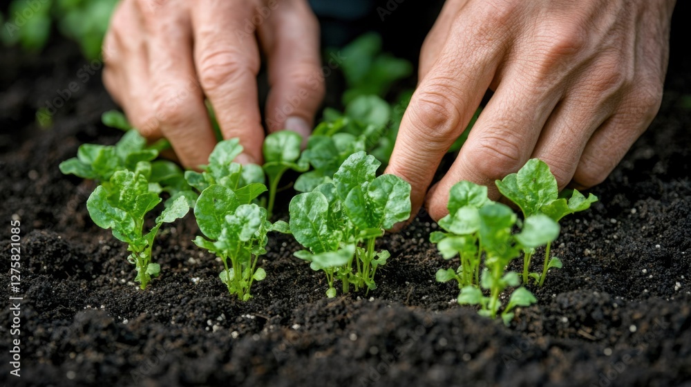 Hands Planting Green Seedlings in Dark Soil Hands Planting Green Seedlings in Dark Soil