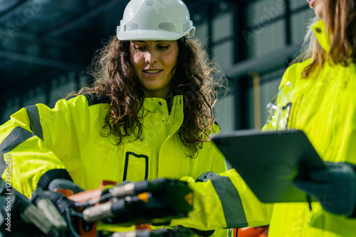 Safety-first approach in construction: workers collaborating on site with tools and equipment photo