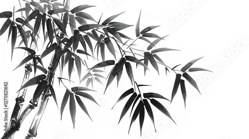Chinese bamboo ink painting with black line art on white background, traditional asian brushwork, elegant strokes, nature-inspired artistic expression