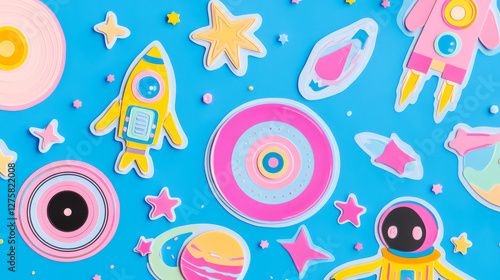 Groovy universe sticker pack - fun cosmic elements. Flying astronaut, alien in headphones, sun with headband, roller skating planet with comet fire trail, pink rocket, colorful stars and vinyl record.