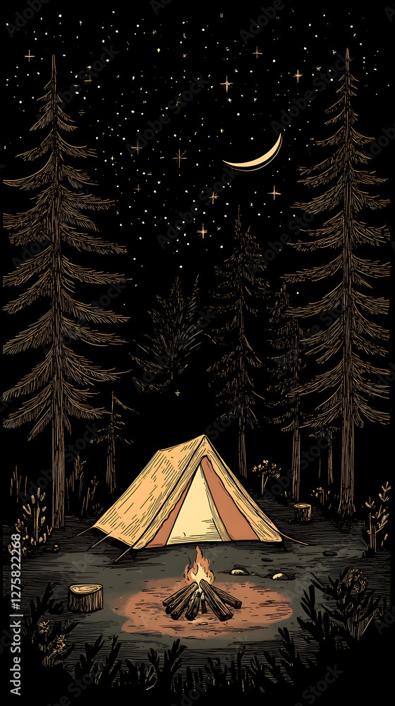 custom made wallpaper toronto digitalA tent and campfire in the woods at night, illustrated style
