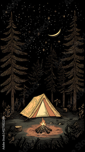 Wallpaper Mural A tent and campfire in the woods at night, illustrated style
 Torontodigital.ca