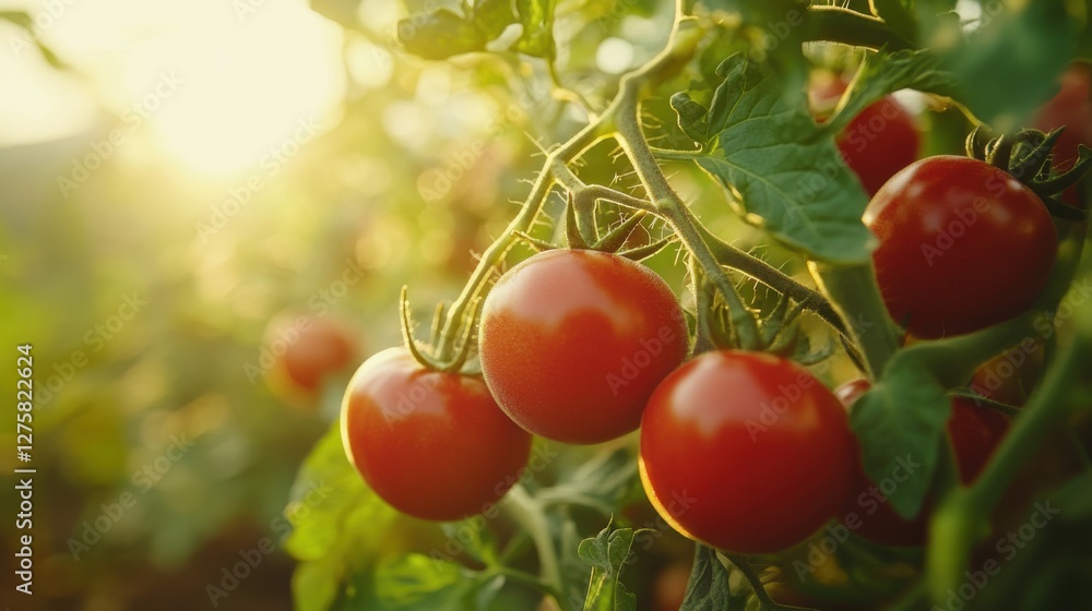 Ripe Red Tomatoes Growing On The Vine In A Sunny Garden Ripe Red Tomatoes Growing On The Vine In A Sunny Garden