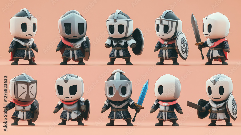 Fototapeta premium Cute knight character emotions isolated on background. Vector contemporary cartoon illustration of medieval soldier in armor with sword, relaxed with flower, jumping, running, fighting