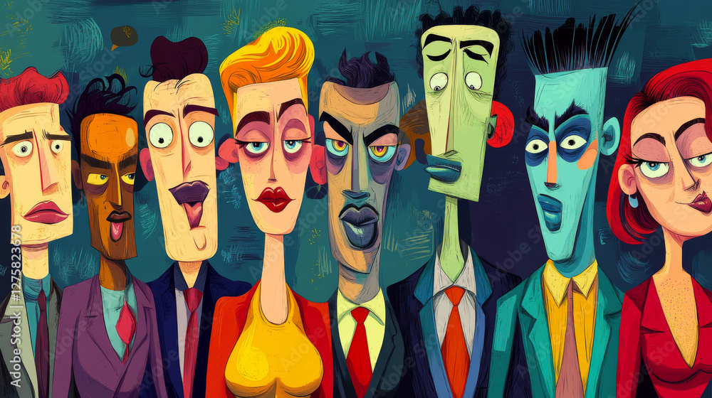 Fototapeta premium Contemporary art with funny abstract characters. Vector cartoon set of cute people in trendy comic style. Modern graphic illustration of men and women isolated on background