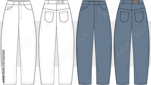 Barrel Leg Jeans trousers technical fashion illustration. Denim Pants, boyfriend - mom jeans fashion flat technical drawing template, front and back view, CAD mockup set.