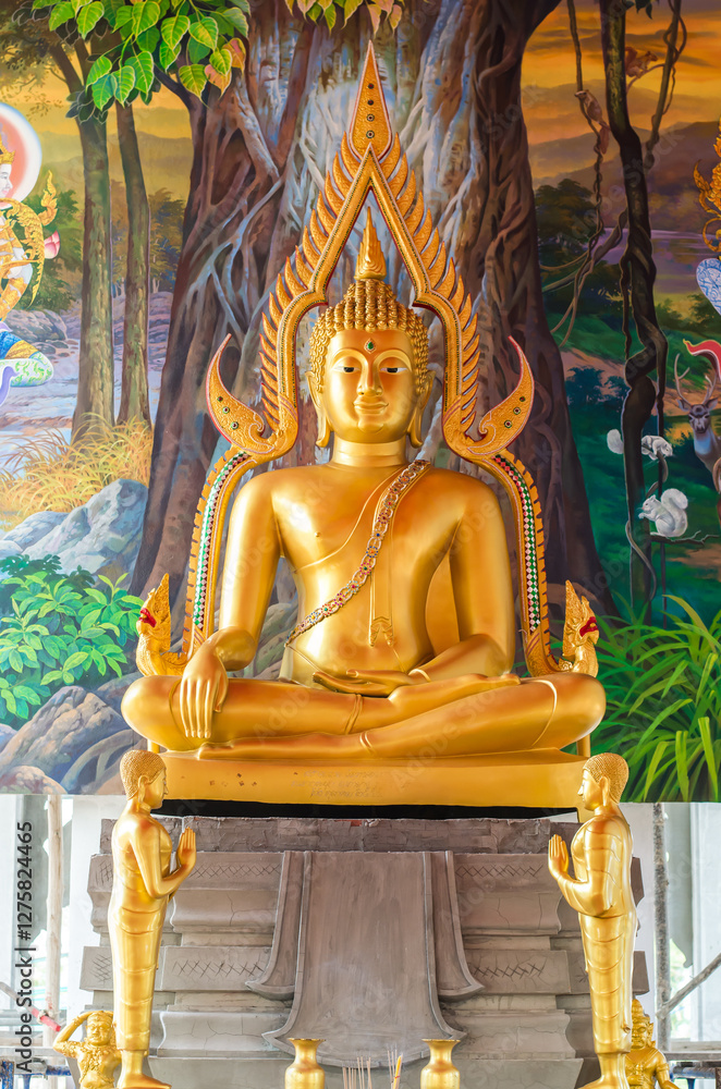 Fototapeta premium Golden Buddha statue in a serene environment