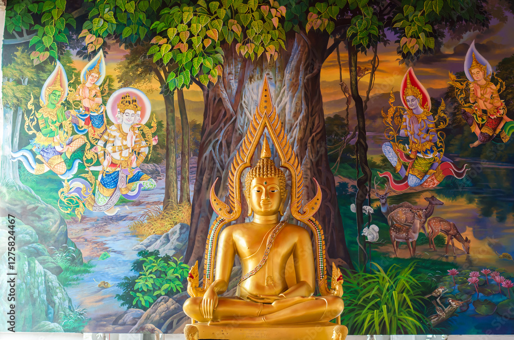 Fototapeta premium Golden Buddha with colorful mural backdrop