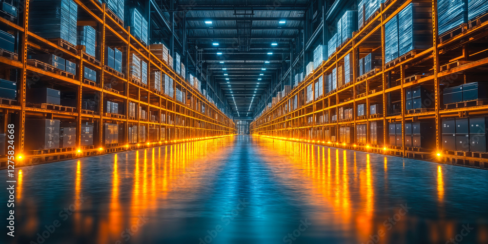 Fototapeta premium Futuristic Warehouse Interior with Illuminated Shelving for Advanced Inventory Management and Logistics Efficiency