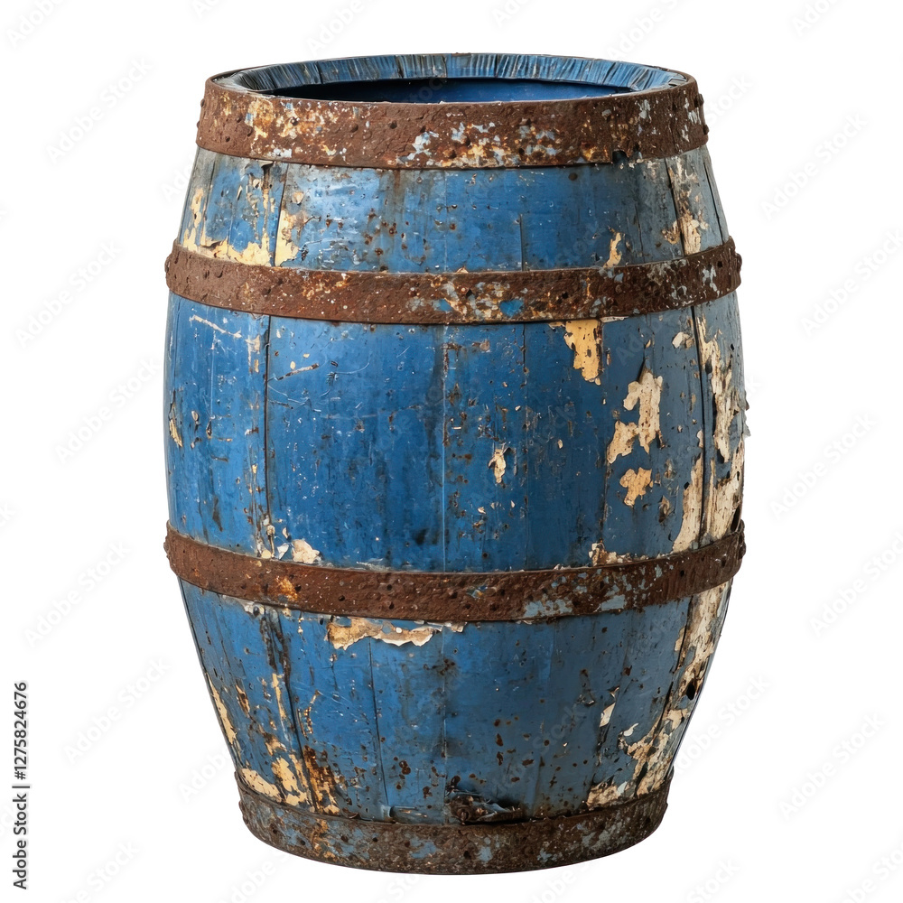 Fototapeta premium Rustic blue wooden barrel with peeling paint and rust isolated on png transparent background, cut out