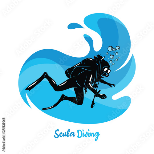 Vector illustration of divers in the deep sea. Scuba diving silhouette design
