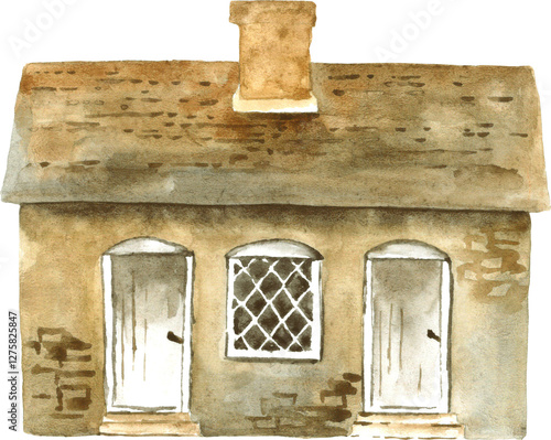 Watercolor small old house in countryside clipart transparent PNG photo