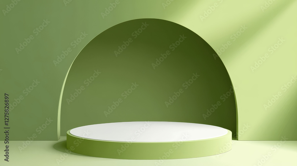 Podium on acid green background with arch design element. Vector realistic illustration of cylinder shape platform with empty white surface for product presentation, modern bright showroom pedestal Podium on acid green background with arch design element. Vector realistic illustration of cylinder shape platform with empty white surface for product presentation, modern bright showroom pedestal