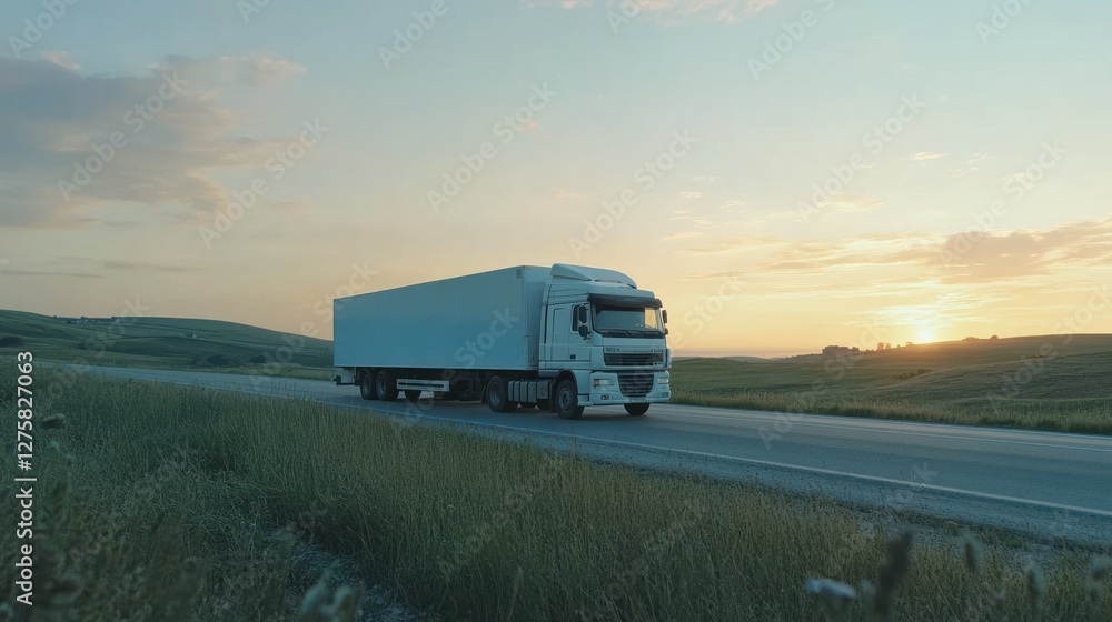 White semi-truck driving on a highway during sunset. White semi-truck driving on a highway during sunset.