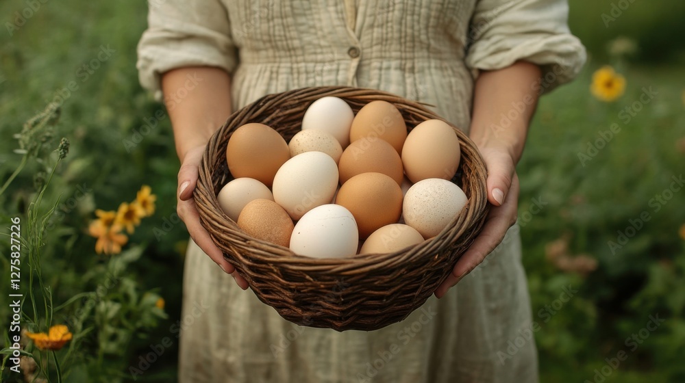 Woman in Linen Dress Holding Basket of Fresh Eggs Outdoors Woman in Linen Dress Holding Basket of Fresh Eggs Outdoors