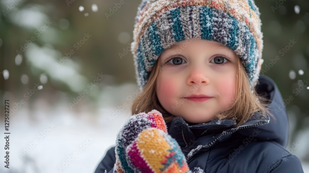 Young child bundled in winter attire smiles softly. Young child bundled in winter attire smiles softly.