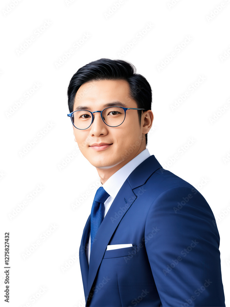 Portrait of a professional East Asian man with medium-length black hair and glasses, wearing a dark blue business suit Portrait of a professional East Asian man with medium-length black hair and glasses, wearing a dark blue business suit