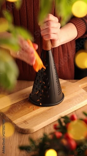 Woman Grating Fresh Carrot in a Cozy Kitchen
