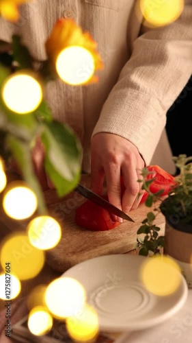 Woman Cutting Tomato into Cubes in a Cozy Kitchen