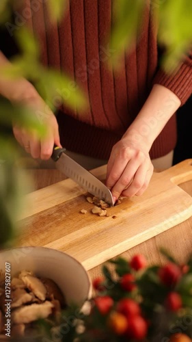 Woman Chopping Brown Mushrooms into Small Pieces