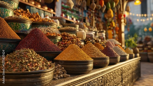 Exotic spice market with glowing AR spice descriptions, vibrant outdoor setting, soft natural lighting, photorealistic