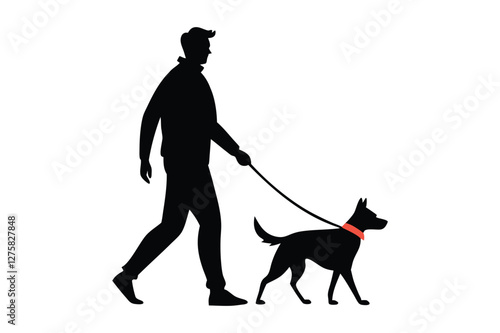 A black silhouette of a man walking dog vector illustration