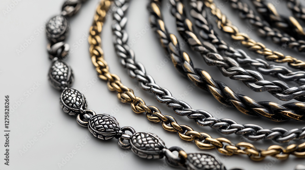 Silver or white gold chain jewel collection - metallic beaded necklace, braided pattern, interlocking oval links, twisted rope design. Realistic elegant accessories set for jewelry catalog design. Silver or white gold chain jewel collection - metallic beaded necklace, braided pattern, interlocking oval links, twisted rope design. Realistic elegant accessories set for jewelry catalog design.
