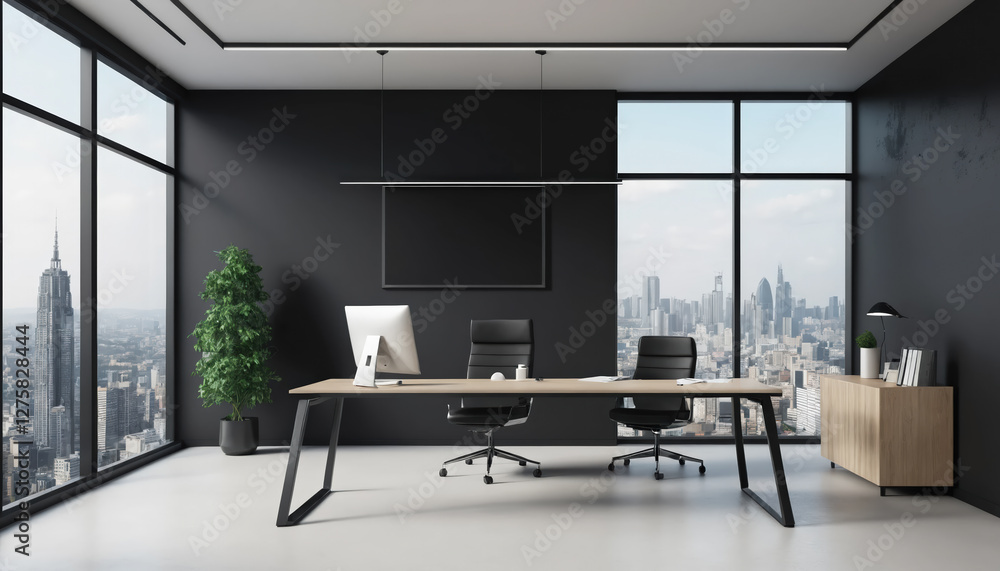 Office interior with modern furniture, large windows with city view and black wall. Office interior with modern furniture, large windows with city view and black wall.