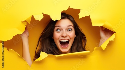 Beautiful young woman breaking through a yellow paper barrier, with an excited expression on an isolated background with copy space for your text advertising banner
