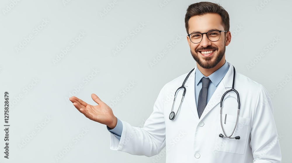 Candid portrait of a beauty young doctor in a white coat, smiling and holding his hand out to the side, presenting a product. Banner concept. Ad concept, Medical, Pharma Candid portrait of a beauty young doctor in a white coat, smiling and holding his hand out to the side, presenting a product. Banner concept. Ad concept, Medical, Pharma