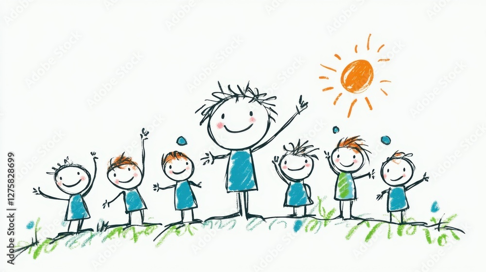 Joyful Children Drawing with Sun and Nature Elements in a Colorful and Playful Style Joyful Children Drawing with Sun and Nature Elements in a Colorful and Playful Style