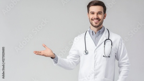 Candid portrait of a beauty young doctor in a white coat, smiling and holding his hand out to the side, presenting a product. Banner concept. Ad concept, Medical, Pharma