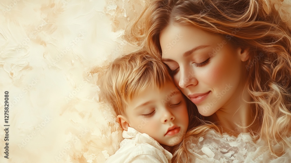 a happy mother sleeping and hugging her son. Happy Family Concept. Childhood Concept a happy mother sleeping and hugging her son. Happy Family Concept. Childhood Concept