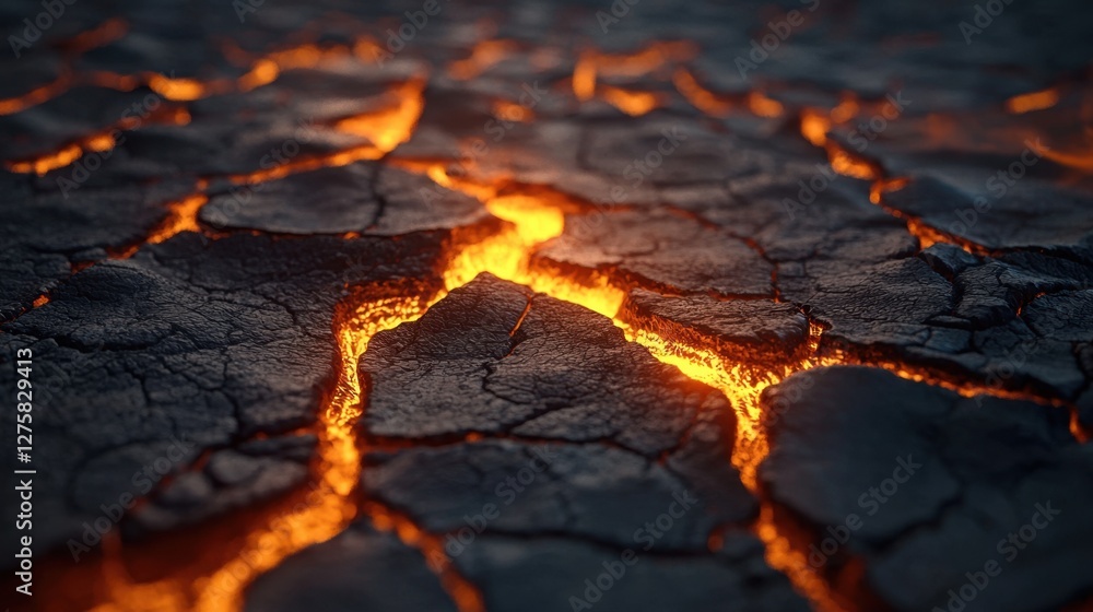 Magma flows beneath cracked earth, revealing a fiery underworld in a desolate landscape at twilight Magma flows beneath cracked earth, revealing a fiery underworld in a desolate landscape at twilight