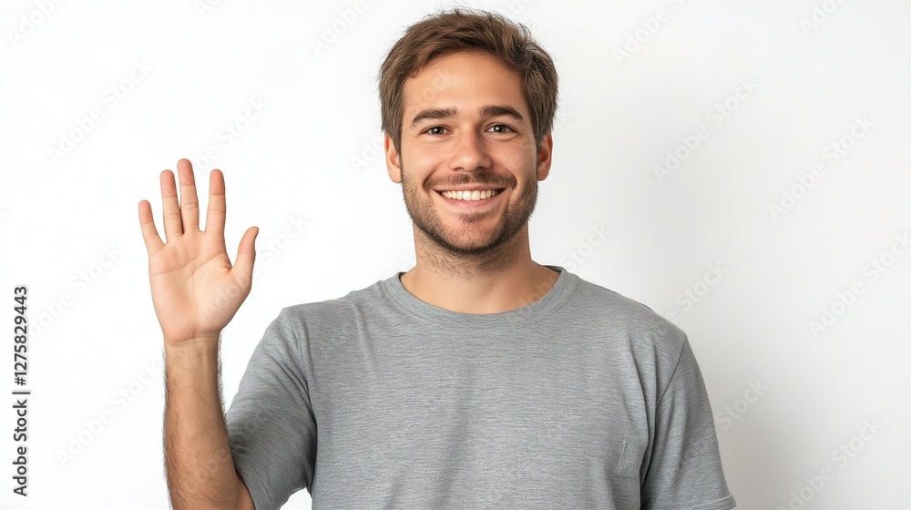A smiling man in a blue T-shirt waving his hand at the camera against a black background. Presenting. Bussinessman. Ideas A smiling man in a blue T-shirt waving his hand at the camera against a black background. Presenting. Bussinessman. Ideas
