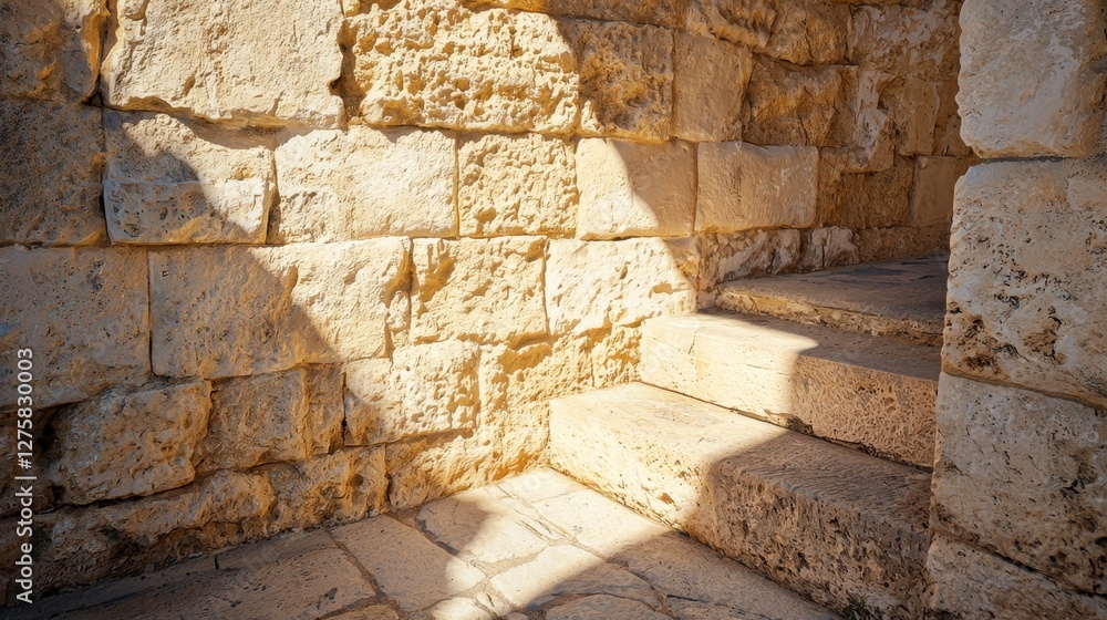 Steps leading up through textured stone walls create a warm, inviting atmosphere in an ancient structure during the late afternoon light Steps leading up through textured stone walls create a warm, inviting atmosphere in an ancient structure during the late afternoon light