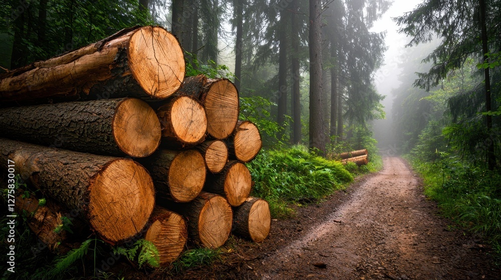 Logs stacked beside a misty dirt path in a serene forest landscape during early morning hours Logs stacked beside a misty dirt path in a serene forest landscape during early morning hours