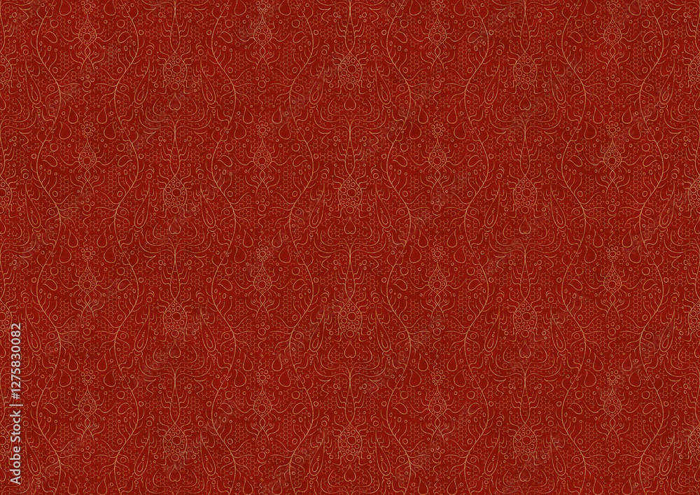 Fototapeta premium Hand-drawn unique abstract symmetrical seamless gold ornament on a bright red background. Paper texture. Digital artwork, A4. (pattern: p13-2c)