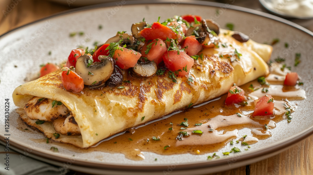 Crepe pancake set with diverse fillings - sweet chocolate drizzle and spread, cream or cheese, salmon pieces and mushrooms with tomato. French thin rolled and folded desserts with golden surface. Crepe pancake set with diverse fillings - sweet chocolate drizzle and spread, cream or cheese, salmon pieces and mushrooms with tomato. French thin rolled and folded desserts with golden surface.